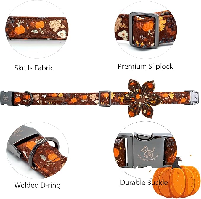Elegant little tail Fall Dog Collar, Halloween Pet Collars with Bow Cute Pumpkin Print Puppy Collar Female or Male Cotton Adjustable Collars for Small Medium Large Dogs