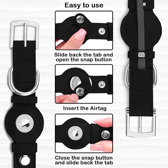 Leather Dog Collar with Airtag Holder - Apple Air Tag Dog Collars - Soft Tracking GPS Pet Collar for Small Medium Large Dogs Breed Puppy (Black, L, 15"-19" Neck Fit)