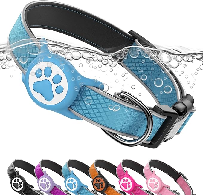 Airtag Dog Collar, IPX8 Waterproof Air Tag Dog Collar Holder | Reflective Ultra-Durable | Soft Padded | Safety Locking Buckle | Fit Miedium Dogs (Blue M(12.6"-19.6"))