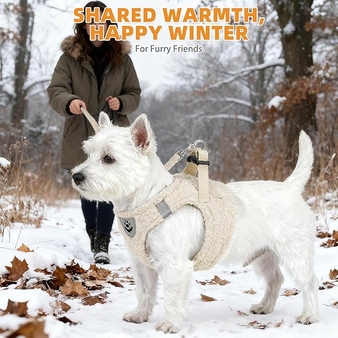 KOOLTAIL Plush Small Dog Harness and Leash Set, Warm Fleece No Pull Puppy Vest for Winter, Lightweight Reflective Step in Pet Harness for Medium Sized Dogs Boy Girl Outdoor Walking Cute Soft, Beige S