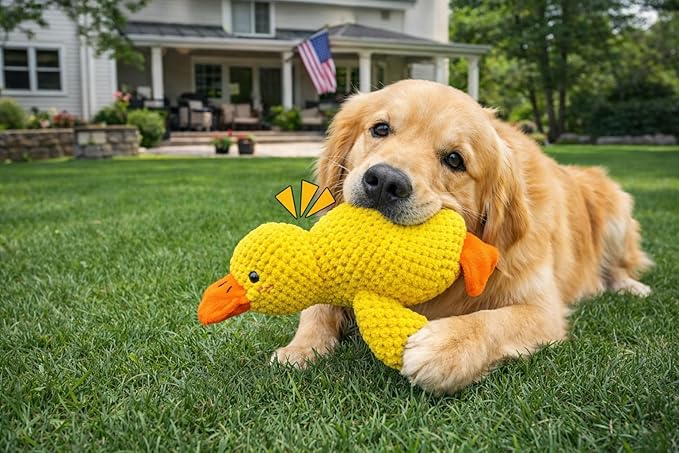Yellow Duck Calming Dog Toy, Durable Plush Squeaky Toy with Cotton Filling, Stress Relief & Boredom Relief for Teething Puppies and Medium Dogs