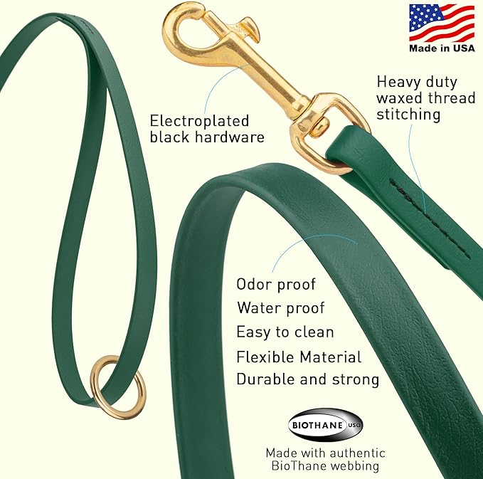 Viper Biothane K9 Working Dog Leash Waterproof Lead for Tracking Training Schutzhund Odor-Proof Long Line with Solid Brass Snap for Puppy Medium and Large Dogs 4ft, Hunter Green