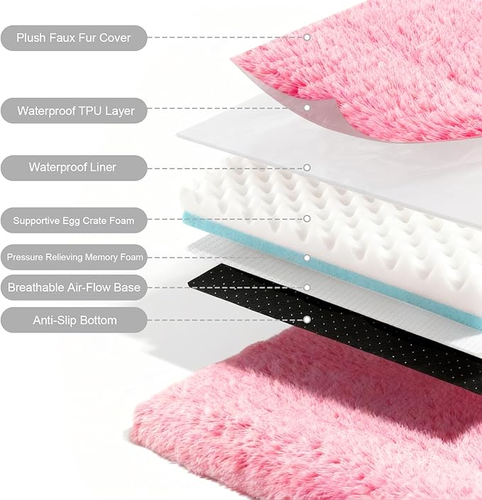 XL Orthopedic Dog Bed for Large Dogs, Dual-Layer Memory & Egg-Crate Foam, Washable Warm Winter Plush Cover, Waterproof Liner, Non-Slip Bottom, Crate/Kennel Pad, 44 x 32 Inch, Pink