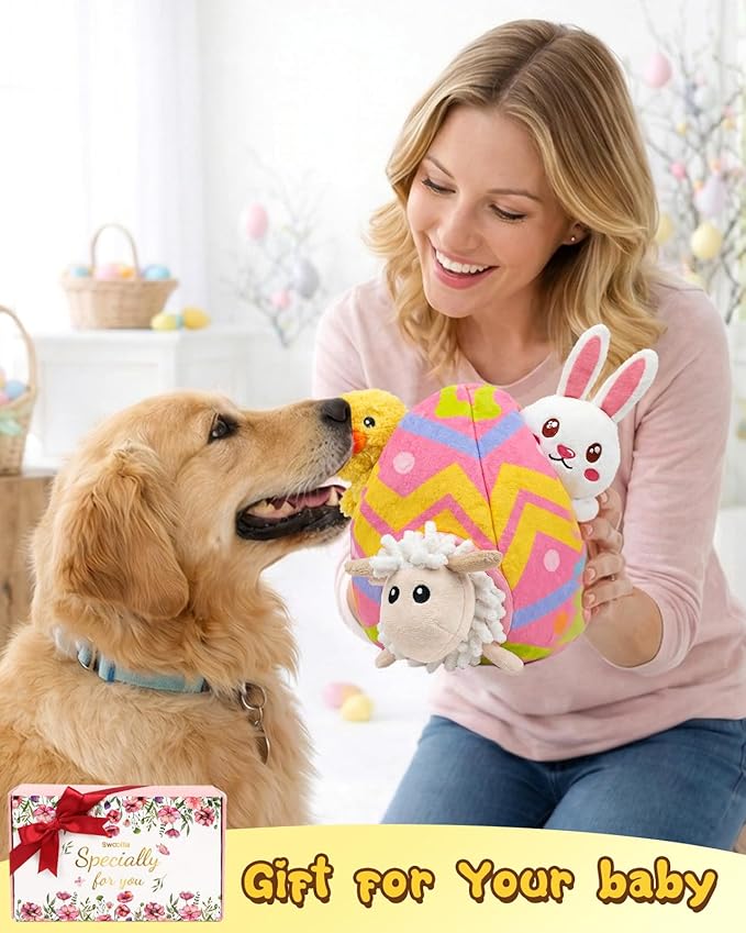 Swooflia 4 Pack Easter Puzzle Dog Toys for Small Dogs - Enrichment Plush Squeaky Bunny Chick Lamb and Crinkle Easter Egg Interactive Puppy Toy for Hide and Seek (Not for Big & Aggressive Chewer)