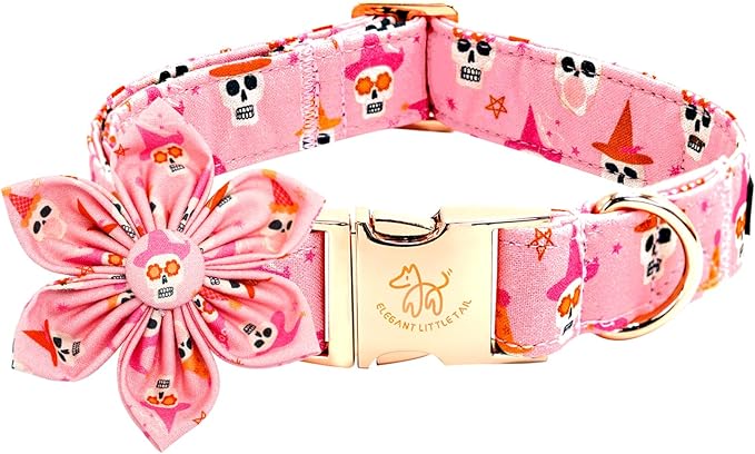 Elegant little tail Halloween Dog Collar, Ghosts Print Pumpkin Pet Collars with Flower Puppy Collar Flower Female or Male Cotton Adjustable Collars for Small Medium Large Dogs