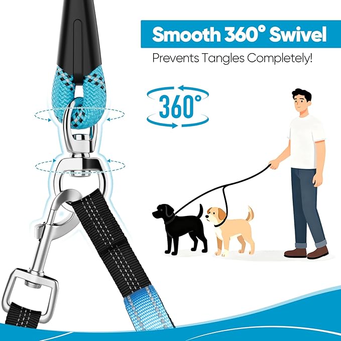 XiaZ Double Dog Leash, No Tangle Dual Rope Reflective Walking Training Lead, 4 Comfortable Padded Handles for 2 Dogs, Adjustable Splitter Dual Leash for Large Medium Dogs, 1/2”Blue
