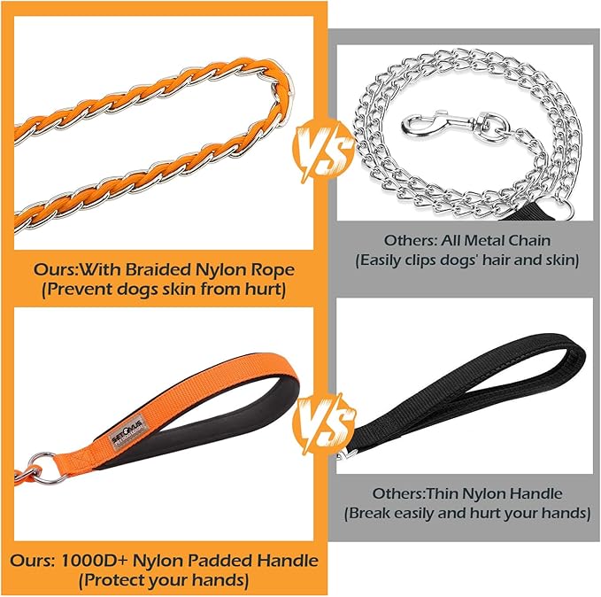 Chain Dog Leash Chew Proof Metal Leash for Medium Large Dogs, Chain Link Dog Anti Chew 5.2FT / 4FT Strong Anti Bite Comfortable Soft Padded Handle (Orange, 5FT(80-150lb))
