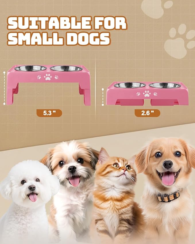 Elevated Dog Bowls, Dog Feeder with 2 Stainless Steel Dishes, 2 Heights Adjustable Raised Stand for Small Dogs, Food Dishes with Non-Slip Feet