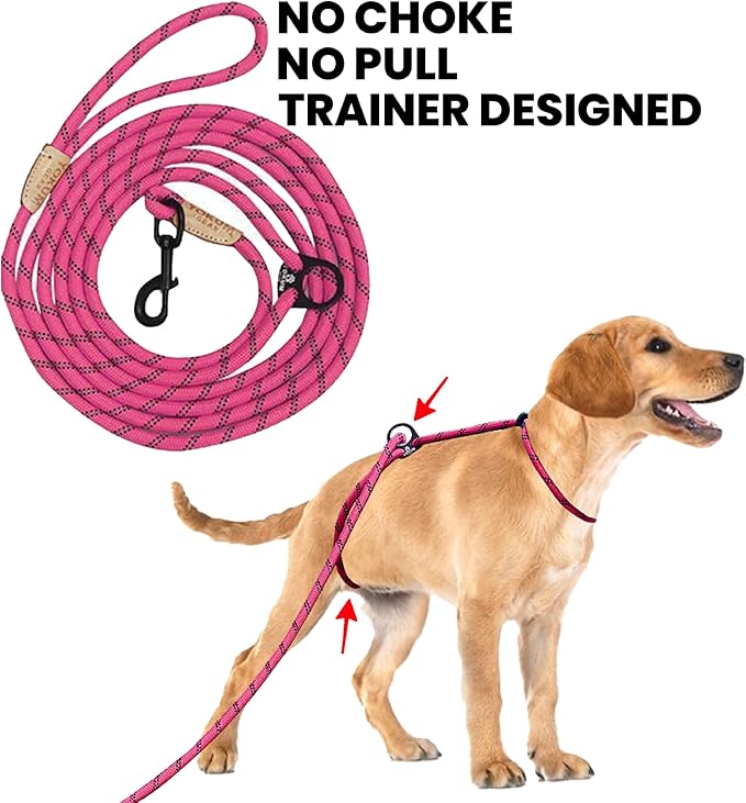 12ft No Pull No Choke Leash Long Rope Dog Leash, Anti Pulling, Dog Leads for Walking, Double Hook & Escape Proof for All Breeds, Reflective HOT Pink