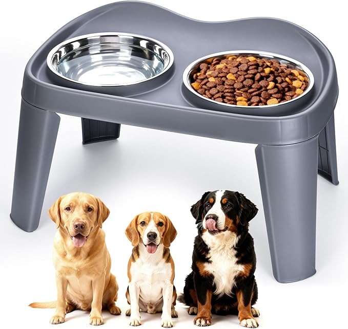 Petizer Large Sized Elevated Dog Bowls, No Spill Raised Height Stand Dog Feeder with 2 Thick 60OZ Stainless Steel Food and Water Bowl Set, Grey, for Medium Large, Food Dishes with Non-Slip Feet