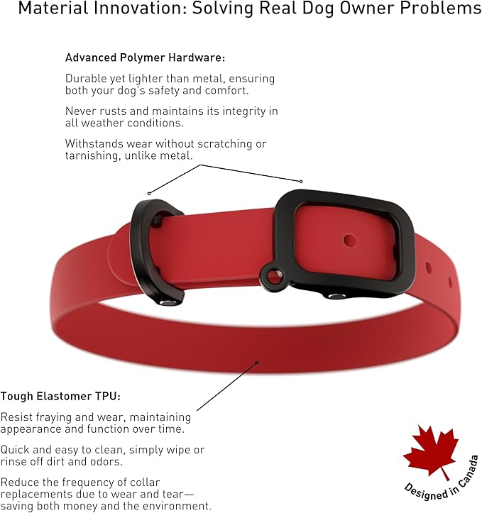 Waterproof Dog Collar - Durable, Comfortable and Adjustable Outdoor Dog Collar with Wear Resistant Buckle and ID Tag Ring for Large Dogs by Nuvuq (Red, Large)