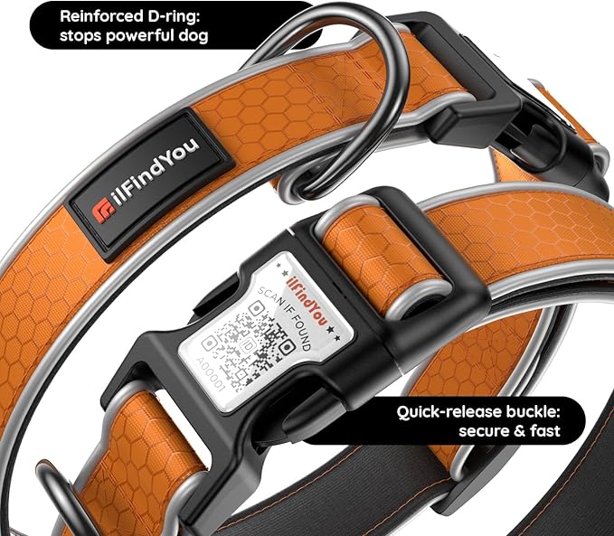 Reflective Dog Collar with QR Code Tag, Personalized Dog Collar, Safety Night Visibility, Anti-Loss Function (Orange, Small)