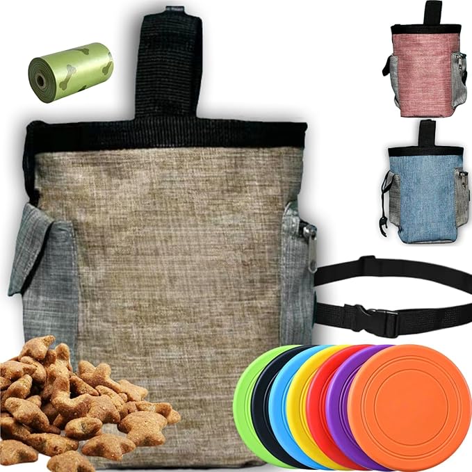 4-in-1 Dog Treat Pouch-3-Way Waterproof Cationic Linen Bag with Side Pockets & Compact Design Holds 3 Cups for Outdoor/Hiking with Poop Bag, Adjustable Belt & Silicone Flying Disc (Khaki)
