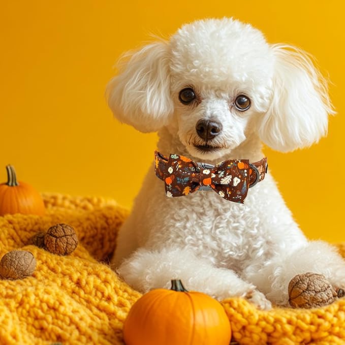 Elegant little tail Halloween Dog Collar, Ghosts Print Pumpkin Pet Collars with Bow Puppy Collar Bowtie Female or Male Cotton Adjustable Collars for Small Medium Large Dogs