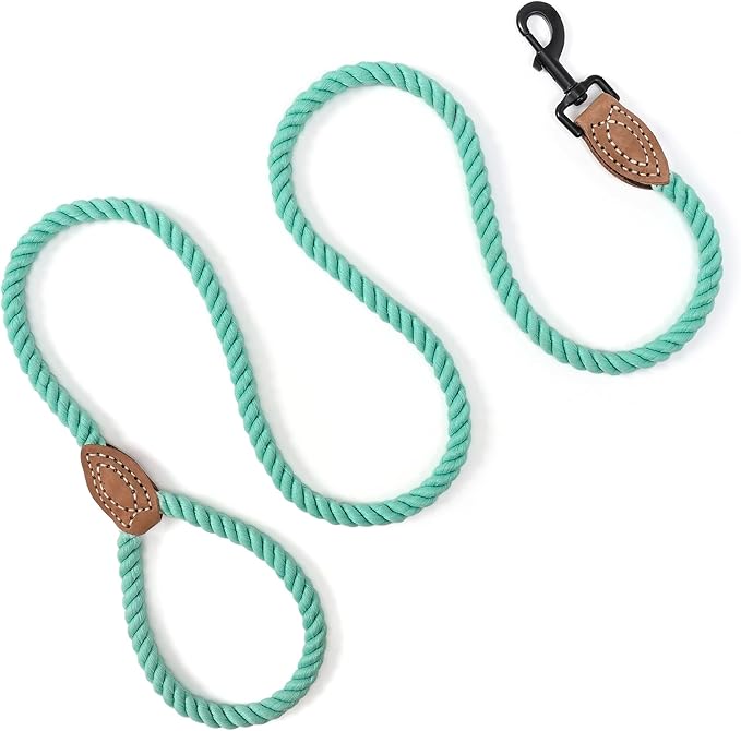 Mile High Life Dog Leash, Braided Cotton Rope Leashes with Leather Tailor Tip with Leather Tip - Heavy Duty Metal Clasp, 6FT, 1/2" Thick - Wedding, Walking Leash for Medium Large Dogs(Green)