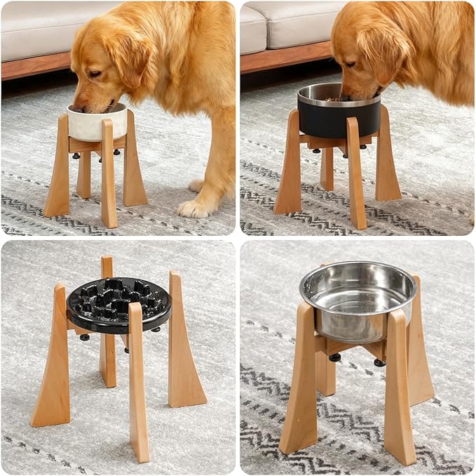 Elevated Dog Bowl - Nature Beech Wood Stand 12-inch High Neck-Protecting Raised Stand with Durable Stainless Steel Bowl for Large Sized Dog Non Toxic Pet-Friendly Feeder