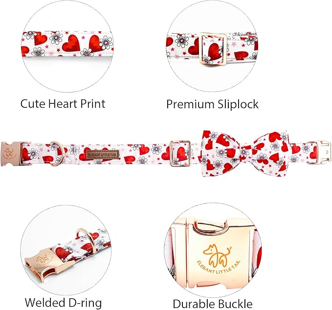 Elegant little tail Valentine's Dog Collar, Cute Pink Heart Pet Collars Soft Dog Puppy Collar Female or Male Adjustable Cotton Pet Collars with Bow for Small Medium Large Dogs