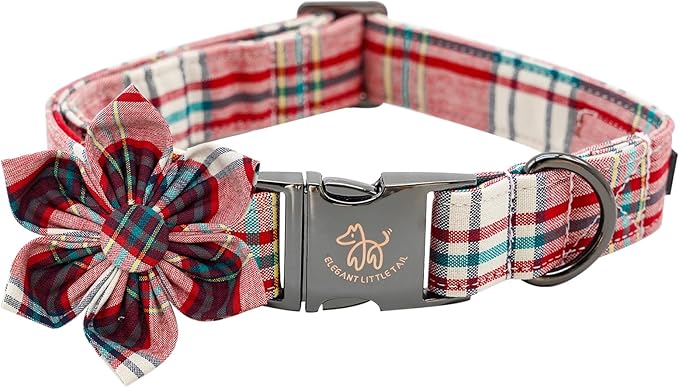 Elegant Little Tail Dog Collar with Red Plaid Christmas Pattern, Flower Dog Collar for X-Small Dogs