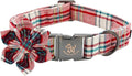Elegant Little Tail Dog Collar with Red Plaid Christmas Pattern, Flower Dog Collar for X-Small Dogs