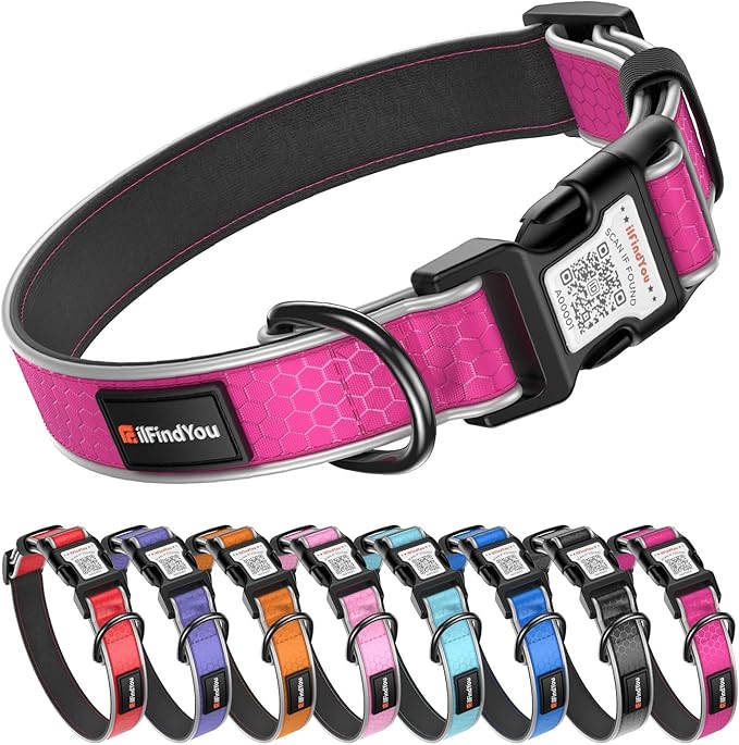 Reflective Dog Collar with QR Code Tag, Personalized Dog Collar, Safety Night Visibility, Anti-Loss Function (Rose Red-02, Small)