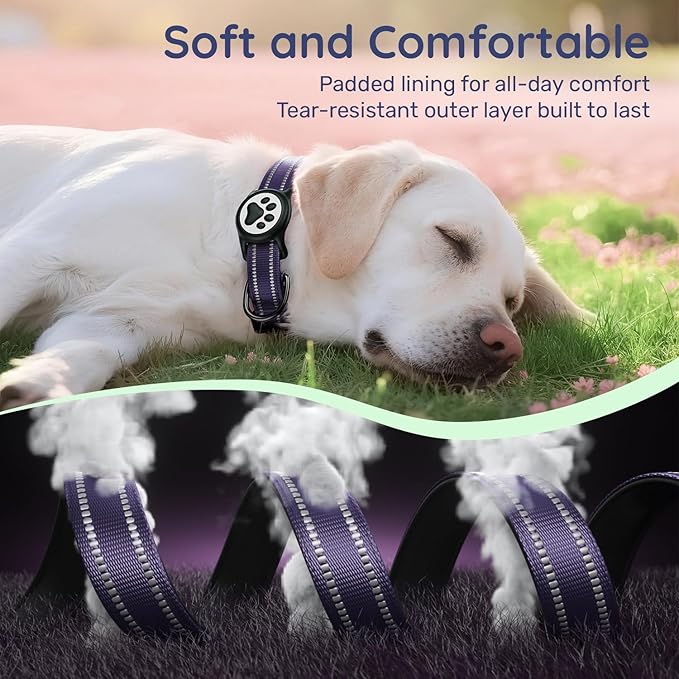 Airtag Dog Collar, Reflective Ultra-Durable Nylon Padded with QR Code Buckle & IP68 Waterproof Air Tag Holder Compatible for Apple AirTag, Comfortable for Small Medium Large Dogs(Purple,L)