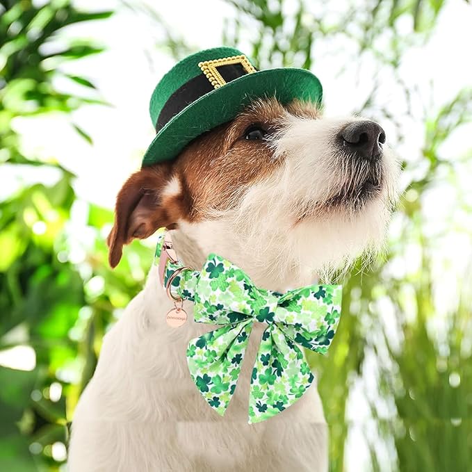 DOGWONG St. Patrick's Day Dog Collar-Cute Clovers Dog Collar with Bow, Cotton Trefoil Bowtie Dog Collars with Metal Buckle for Small Medium Large Dogs