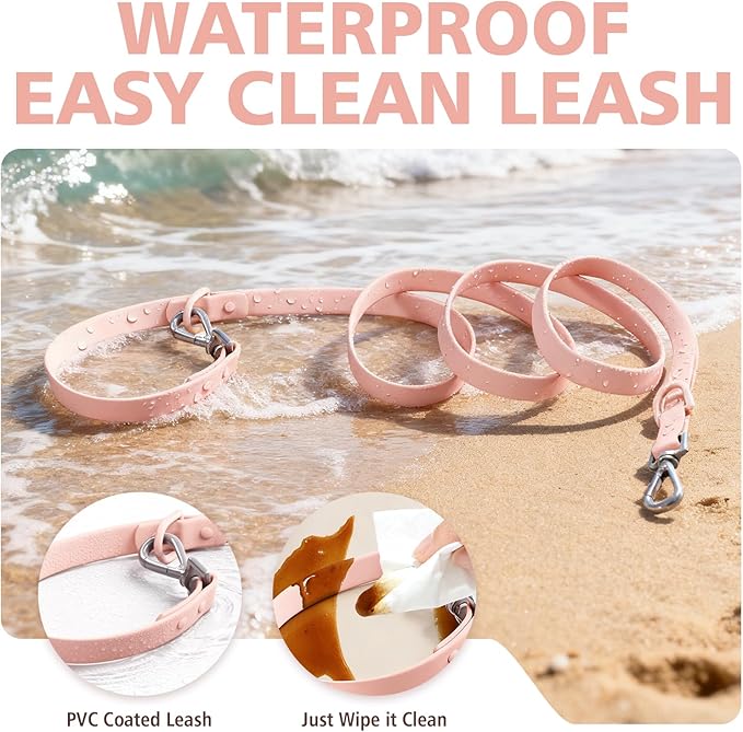 Waterproof Dog Leash, Easy to Clean, Pink PVC Leash with Multifunctional Dual Hooks, Adjustable 3ft-6ft for Walking, Heel Training, Swimming (Blush Pink)