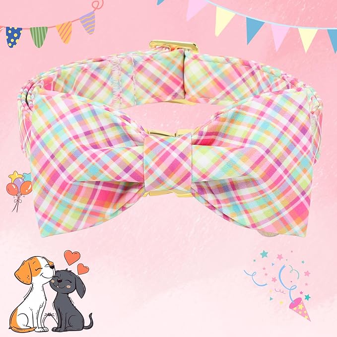 DOGWONG Easer Dog Collar with Bow,Colorful Plaid Dog Collar, Adjustable Durable Soft Easter Dog Collars for Male Female Dogs,XL
