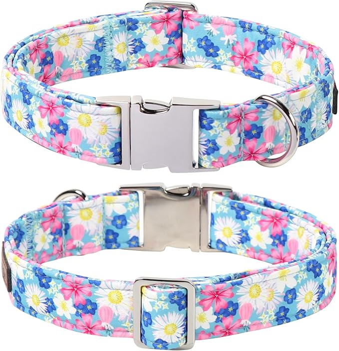 Lionet Paws Floral Dog Collar with Sailor Bow, Spring Wildflowers Daisy Forget Me Not Dog Collar Bow Tie for Large Dogs, Neck 16-24 inches