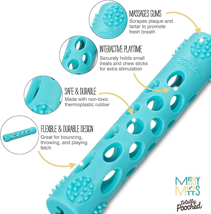 Messy Mutts Totally Pooched Huff'n Puff Stick | 10” x 2” TPR Puzzle Stick for Dogs | 2-in-1 Interactive Toy and Tooth Cleaner | Teal
