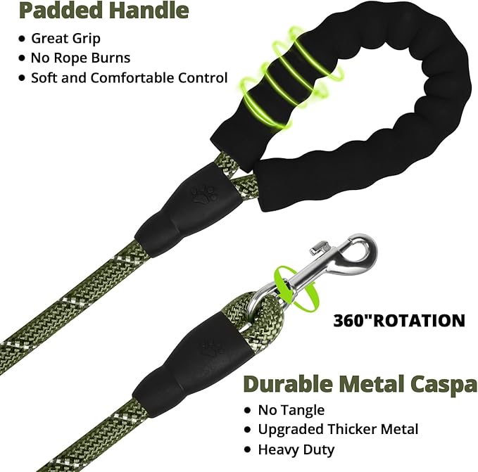 Long Dog Leash 15 FT: Heavy Duty Nylon Rope Leashes for Dogs Training with Reflective Threads Bungee and Padded Handle - Dog Lead for Large Small Medium Dogs Outside Walking Hiking