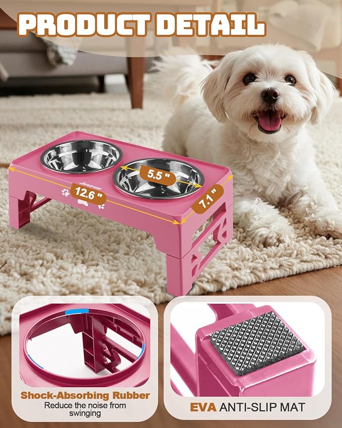 Elevated Dog Bowls, Dog Feeder with 2 Stainless Steel Dishes, 2 Heights Adjustable Raised Stand for Small Dogs, Food Dishes with Non-Slip Feet