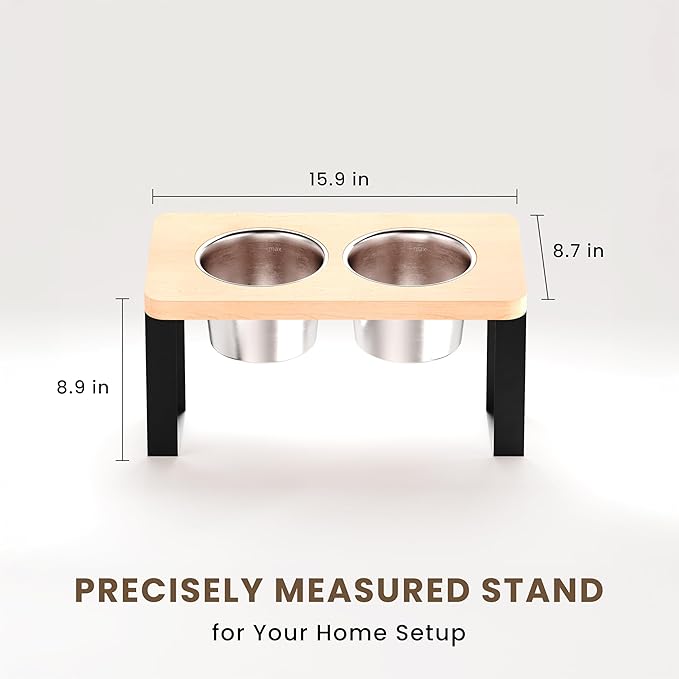 8.9" Tall Elevated Dog Bowls - Ergonomic Stainless Steel Dog Bowls with 10° Tilt in Bamboo Wood Stand for Medium Breed