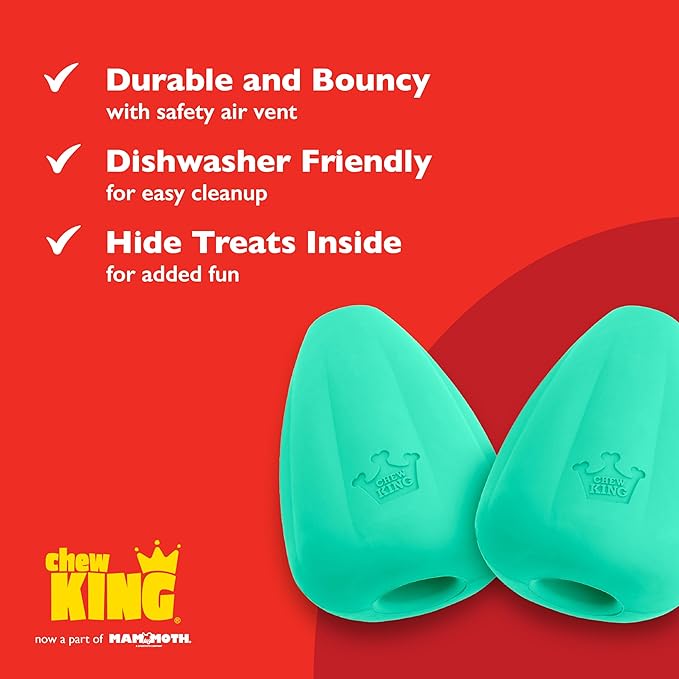 Chew King by Mammoth Premium Treat Dispensing Dog Toy, Durable Natural Rubber Chew Toy, Safety Air Vent, Interactive Enrichment Toy for Aggressive Chewers, XL Pack of 2- Teal