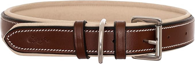 Exion Geniun Leather Dog Collar Designer Stitched Soft Leather Padded- Suitable for Small Medium Large X-Large Dogs for Walking Running- Havana with Beige Padding