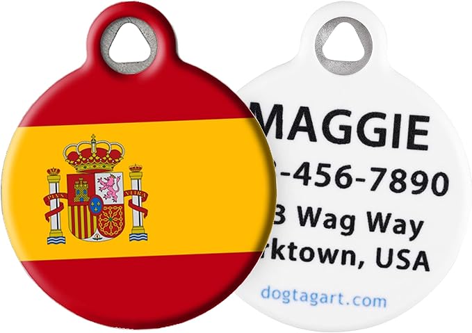 Dog Tag Art Spanish Flag Personalized Pet ID Tag for Dogs and Cats, Flag of Spain Silent Dog Tag with Customized Identification Information - Large 1.25" Diameter