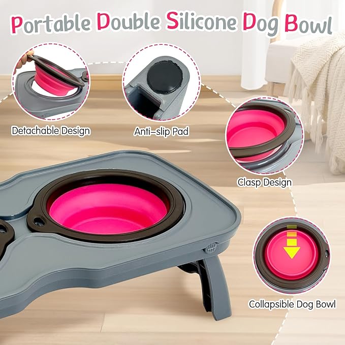 PINVNBY Elevated Dog Bowls Portable Raised Dog Bowl Stand with 2 Collapsible Silicone Food Bowl Non-Slip Travel Bowls for Medium Dogs and Cats (16.9" L x 7.9" W x 5.1" H)