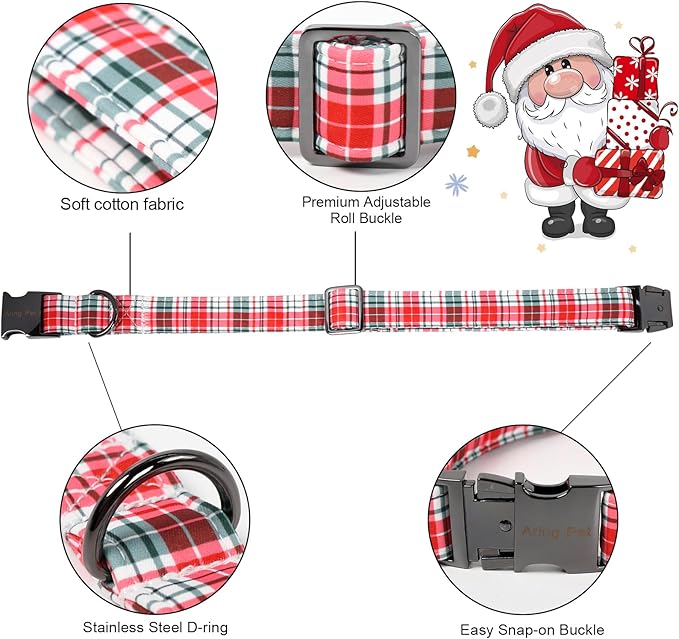 ARING PET Christmas Dog Collar with Bow, Cute Xmas Red Green Plaid Bowtie Pet Collars for Puppy Small Medium Large Girl Boy Dogs-L