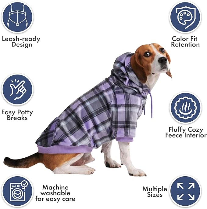 Spark Paws Dog Hoodie – Premium Dog Sweater for Small, Medium, and Large Dogs | Warm Outfits for French Bulldogs, Pitbull, Puppy, Winter Jacket Alternative - Purple Plaid - XL