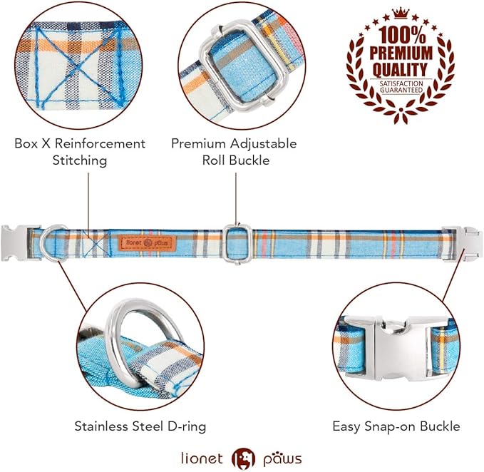 Lionet Paws Boy Dog Collar with Bowtie, Comfortable Adjustable Cute Blue Plaid Bow Tie Collar for Male Dogs Gift, Small, Neck 10-16 inches