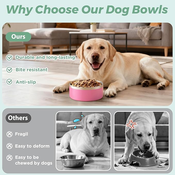LIHONG Stainless Steel Dog Bowls for Large Dogs,Dog Food Water Bowls with Non Slip Rubber Bottom,Pet Feeding Bowl,Double Wall Insulated,Rustproof(64oz,Pink)