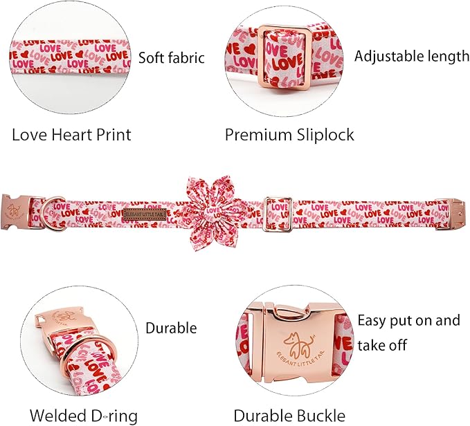 Elegant little tail Valentine's Day Dog Collar, Valentine's Day Dog Collar with Flower, Heart Dog Collar Cute Girl or Boy Dog Collar Flower Pet Gift Adjustable Dog Collar for Large Dogs