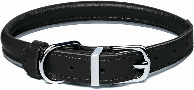 OOPSDOGGY Rolled Leather Dog Collar Reflective Roll Collars for Small Medium Large Dogs Puppy (Black, M, 12''- 15'')