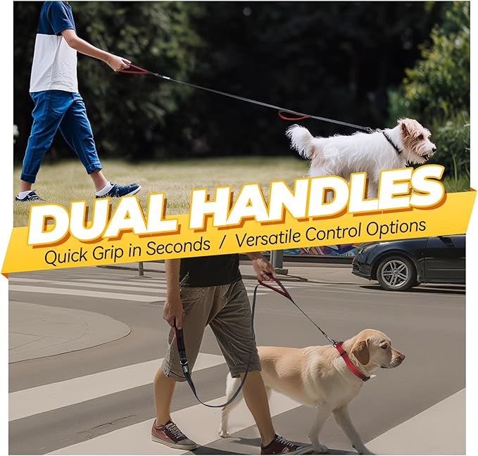 VIVAGLORY Twingrip Dog Leash, Double Handle Dog Leash for Training & Walking with Traffic Handle & 2 Loop, Traffic Control Reflective Heavy Duty for Puppy Pet, 4ft x 1in, Black