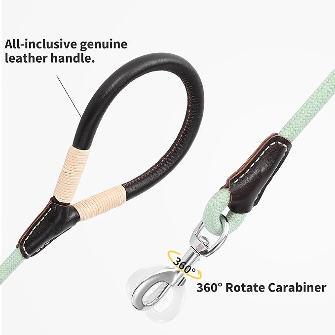 Mile High Life Genuine Leather Wrapped Handle Dog Leash, w Heavy Duty Clasp Rope Leash for Small Medium Large Dogs (Green, 4FT)
