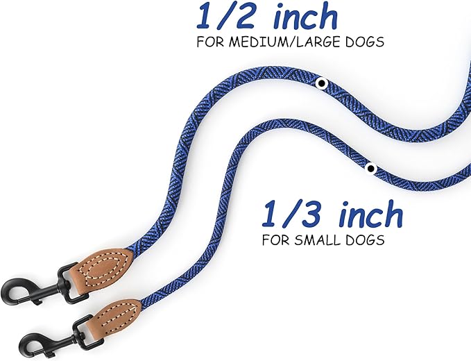 Mile High Life Small Dog Leash, Thin Rope Leash with Genuine Leather Connection and Heavy Duty Metal Clasp, Great for Small Medium Dogs(Blue,72 Inch-1/3)