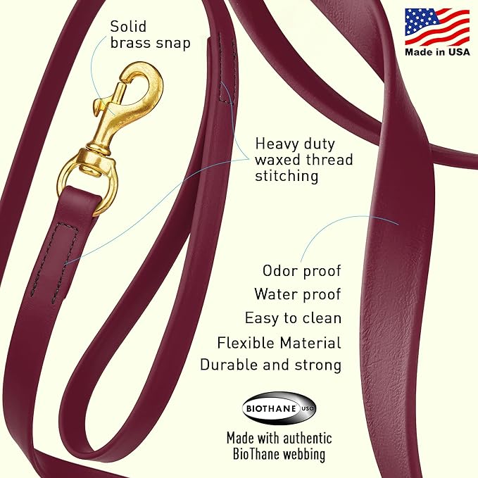 Viper Biothane K9 Working Dog Leash Waterproof Lead for Tracking Training Schutzhund Odor-Proof Long Line with Solid Brass Snap for Puppy Medium and Large Dogs, 20ft Merlot Burgundy