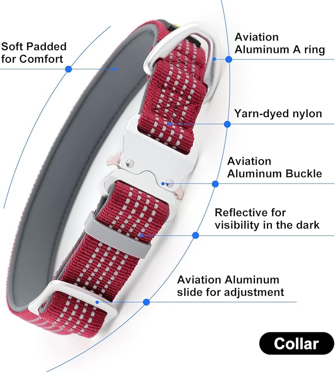 Plutus Pet Reflective Dog Collar with Aviation Aluminum Buckle, Neoprene Padded for Comfort, Lightweight, Heavy Duty Nylon Collar for Puppy Small Medium Large Dogs (Burgundy Red, XL)