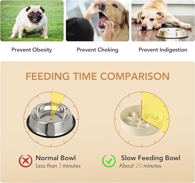 Ceramic 1.2 Cup Dog Raised Slow Feeder Set, Elevated Bowl with Wooden Stand for Medium and Small Dog, 7.3inch Slow Feeder Dish for Fast Easters (Beige, Single Bowl+ Stand)