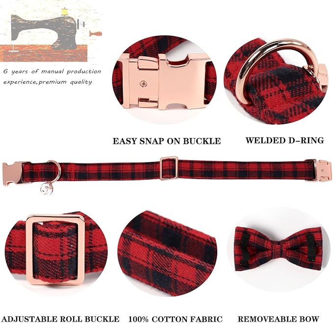 DOGWONG Christmas Dog Collar with Bow Tie, Red Plaid Dog Collar Durable Metal Buckle Adjustable Soft & Cute Red Gingham Dogs Collars for Small Medium Large Dogs, M